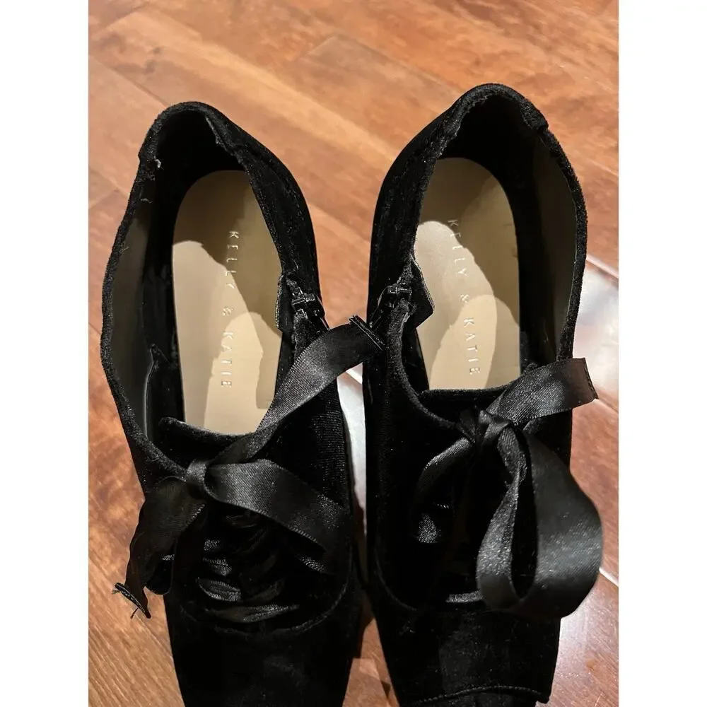 Kelly and Katie Black Open Toed Velvet Heeled Ankle Boot Sz 10 Bow tie Stiletto